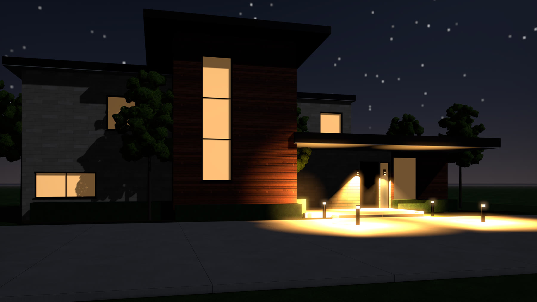 The Cedar House at night with glowing windows under the stars
