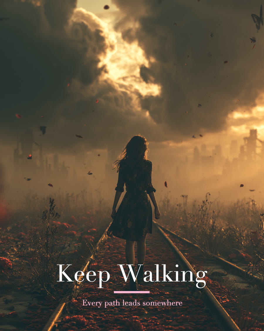 Poster titled Keep Walking: a woman walking along railway tracks under a glowing storm sky