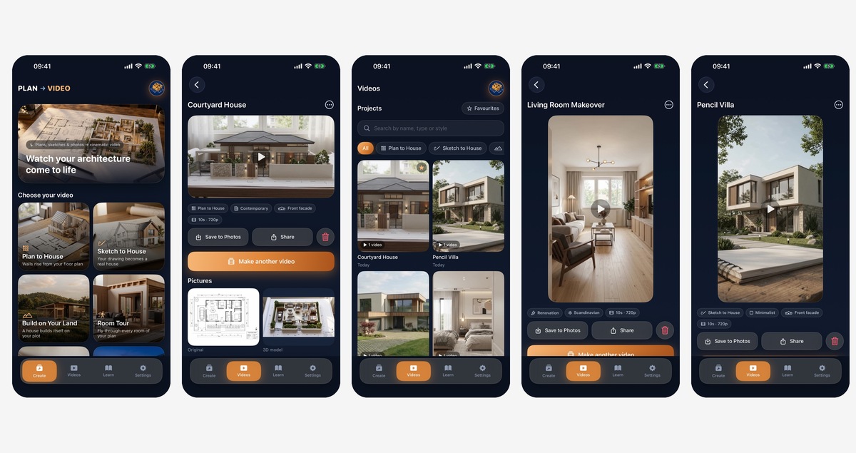 AI Architecture Plan to Video iPhone screenshots showing video creation tools, a floor plan and 3D house, the project library, a room renovation and a house generated from a sketch