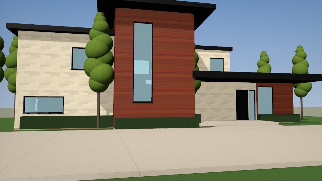 The Cedar House sample project in the Realistic 3D view: a cedar-clad tower with a tall window strip, limestone wings, a black canopy, trees and hedges
