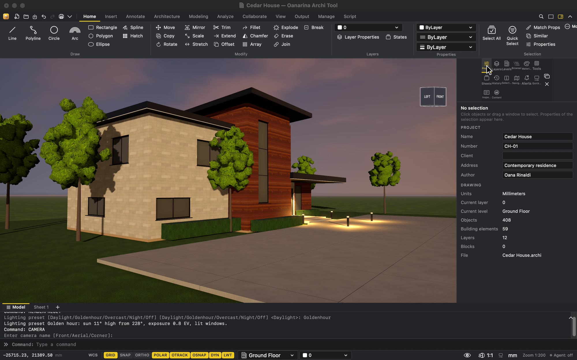 Oanarina Archi Tool with the Cedar House rendered at golden hour in the 3D view