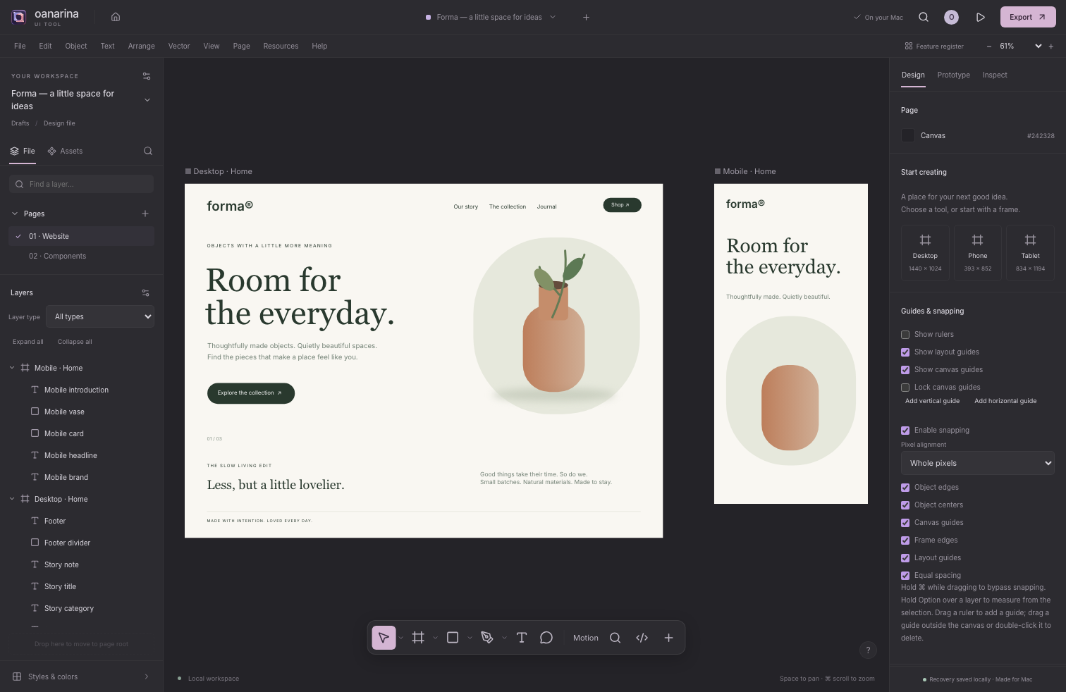 Editable desktop and mobile interface designs in the Forma development editor