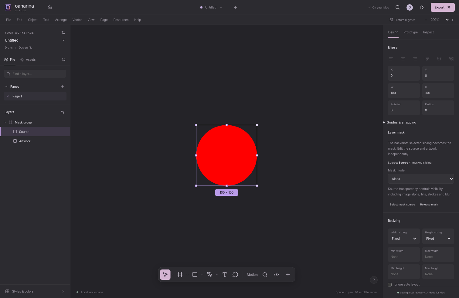 Development source showing an editable ellipse mask, its source and artwork layers, and Alpha mask controls